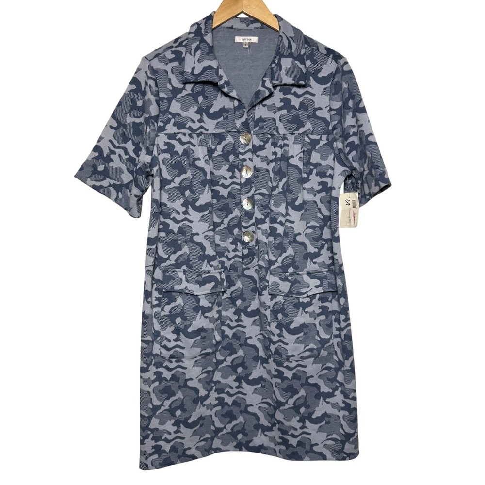Tyler‎ Boe Sheath Dress Small NWT Blue Gray Camo Print Short Sleeve Buttons